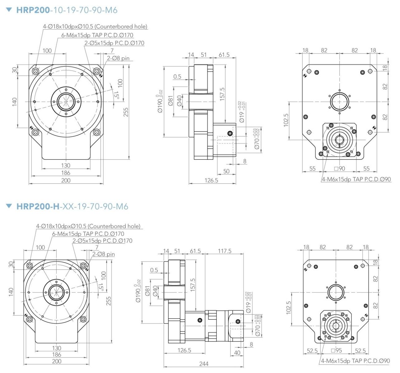 kích thước Actuator Trục Rỗng PHT HRP200 | HRP200-H